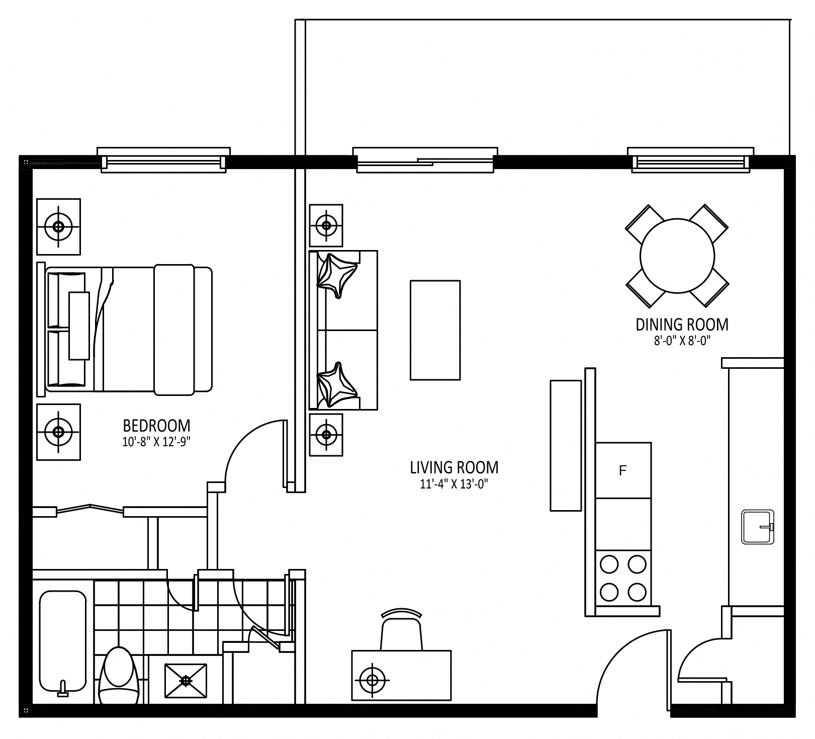 Floor plan for 1 bed, 1 bath, 698 sqft